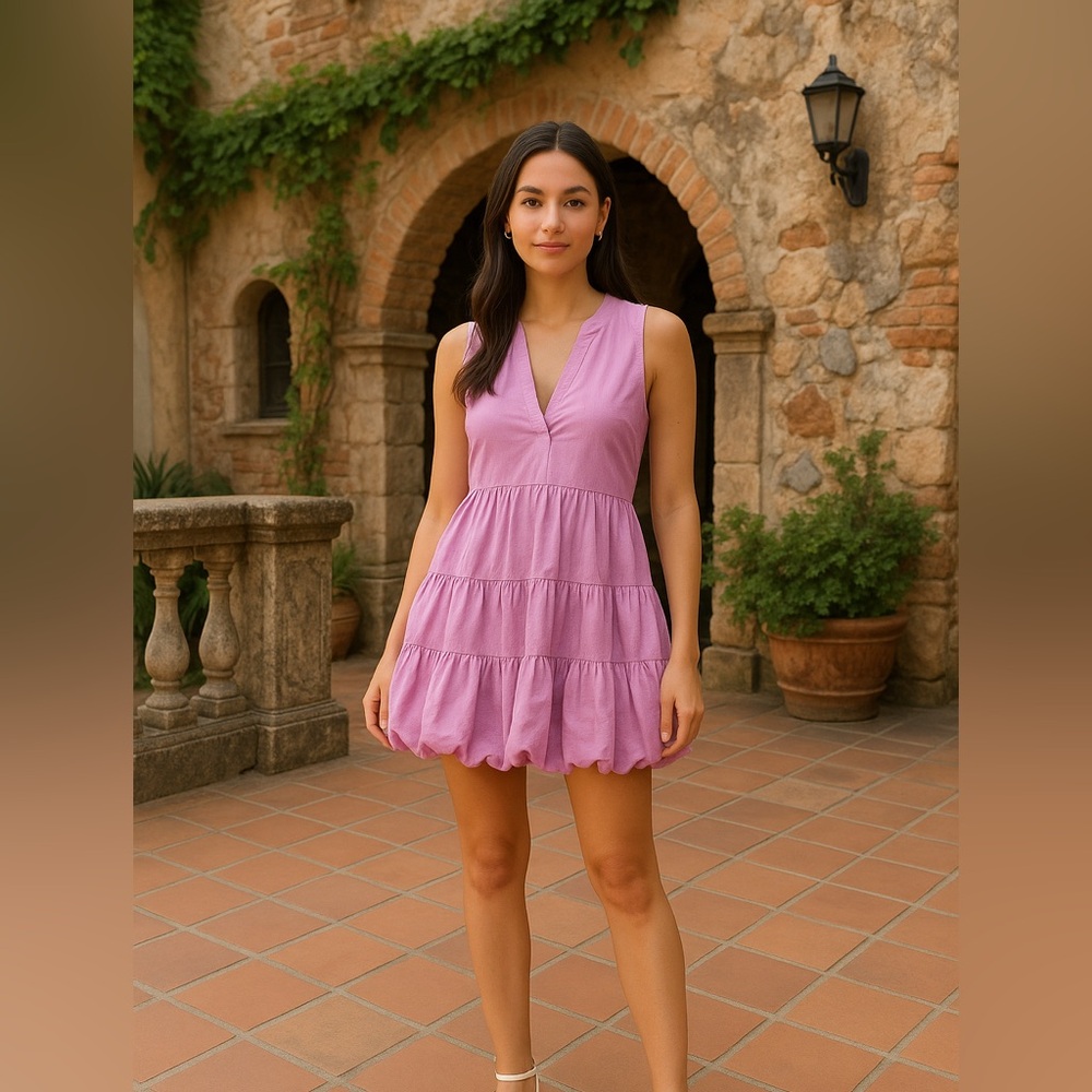 376. Karina Grimaldi Marina XS Lavender Tiered Mini Dress Casual Spring